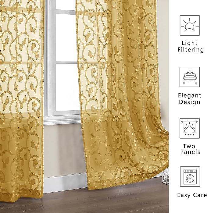 OWENIE Furman Gold Sheer Curtains 96 inches Extra Long for Bedroom Living Room 2 Panels Set, Light Filtering Soft Solid Semi Sheer Farmhouse Jacquard Curtains, Top Dual Rod Pocket Design, 40Wx96L inch