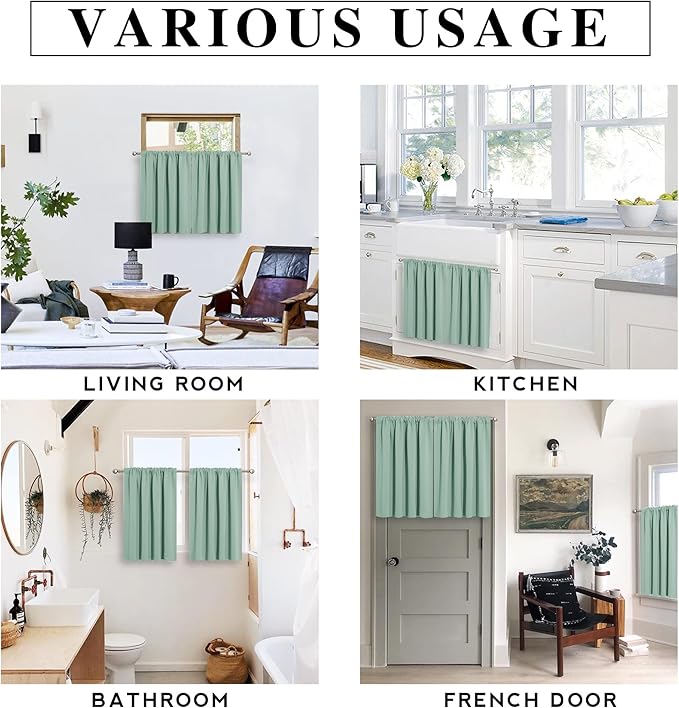 RYB HOME Blackout Cafe Curtains 30 inch Length, Short Light UV Heat Blocking Energy Saving Privacy Curtain Tiers for Basement Bathroom Kitchen Window, Width 29 by Length 30, Aqua, 2 Panels