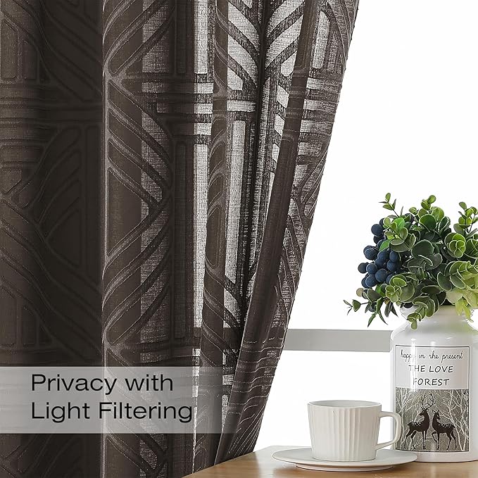 Simplebrand Chocolate Semi Sheer Curtains 84 Inches Long 2 Panels, Light Filtering Geometric Jacquard Clip Textured Sheer Curtains for Bedroom，Modern Elegant Window Curtains Drapes，42x84 inch