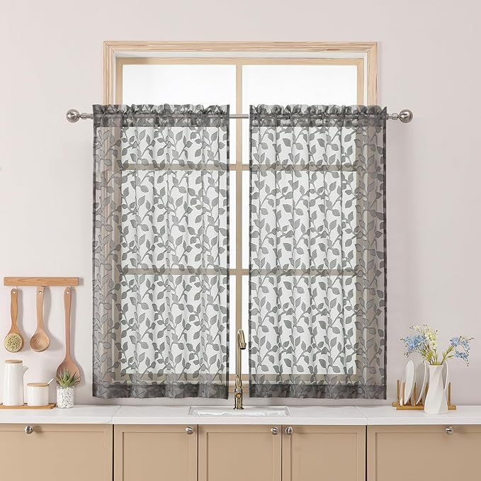 Chyhomenyc Charcoal Grey Sheer Curtains 36 Inch Length, Light Filtering Leaf Tufted Textured Small Kitchen Curtain Over Sink, Short Half Window Curtains for Bathroom Basement, 30" Wx36 L, 2 Panels