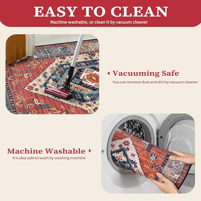 SERISSA 6x8 Area Rugs for Living Room, Large Washable Non-Slip Boho Rug, Ultra Soft Vintage Rust Oriental Tribal Print Distressed Carpet for Bedroom Dining Room Dorm Office Home Decor
