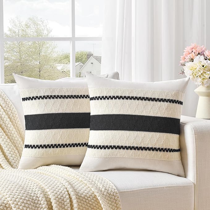 Fancy Homi Set of 1 Boho Black Decorative Throw Pillow Cover 20x20 Inch for Couch Bed Sofa, Aesthetic Modern Organic Farmhouse Home Decor, Soft Cotton Cute Accent Macrame Woven Cushion Case