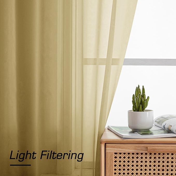 Simplebrand Gold Sheer Curtains 84 Inches Long 2 Panels, Light Filtering Rod Pocket Solid Color Window Sheer Curtain Panels, Elegant Curtains & Drapes for Living Room, Bedroom (Gold, 42" W x 84" L)