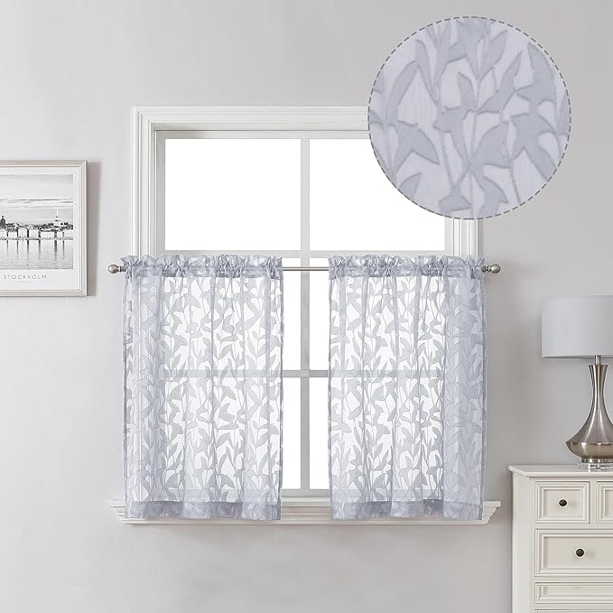 Lecloud Leia Light Grey Kitchen Sheer Curtains 24 Inch Length 2 Pcs, Jacquard Textured Leaf Voile Short Curtains with Dual Rod Pocket, Farmhouse Bedroom Living Room Tiers, 40 W x 24 L
