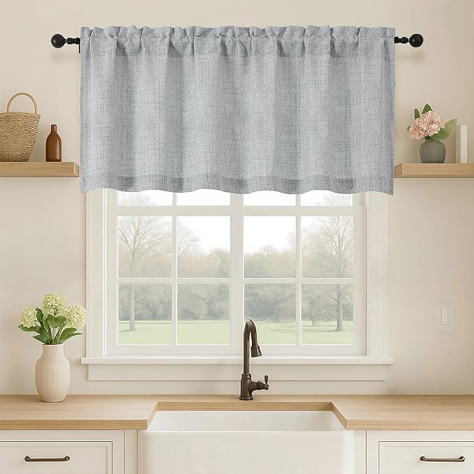OVZME Grey Valance for Windows, Light Filtering Faux Linen Textured Small Kitchen Valances for Windows, Dual Rod Pocket Farmhouse Short Curtain for Bathroom Basement, 60Wx22L inch, 1 Piece