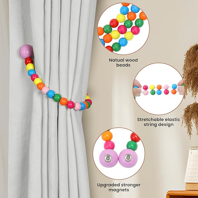 KLOGTSIND Magnetic Curtain Tiebacks, Curtain Tie Backs for Curtains 2 Pack, Wood Bead Curtain Tiebacks, Curtain Holders for Boho Bedroom Decor, Baby Nursery Decor, Farmhouse Décor