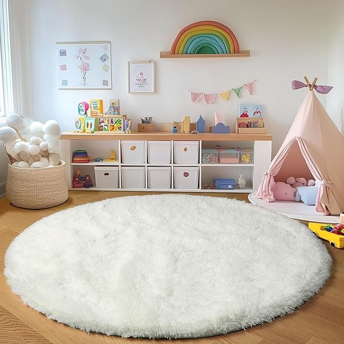 ONASAR Cream White Round Area Rugs 6ft, Fluffy Soft Bedroom Circle Rug Floor Mat for Kids Girls Boys Teen Room, Fuzzy Plush Shaggy Carpet for Baby Nursery Living Room Playroom Dorm Home Decor