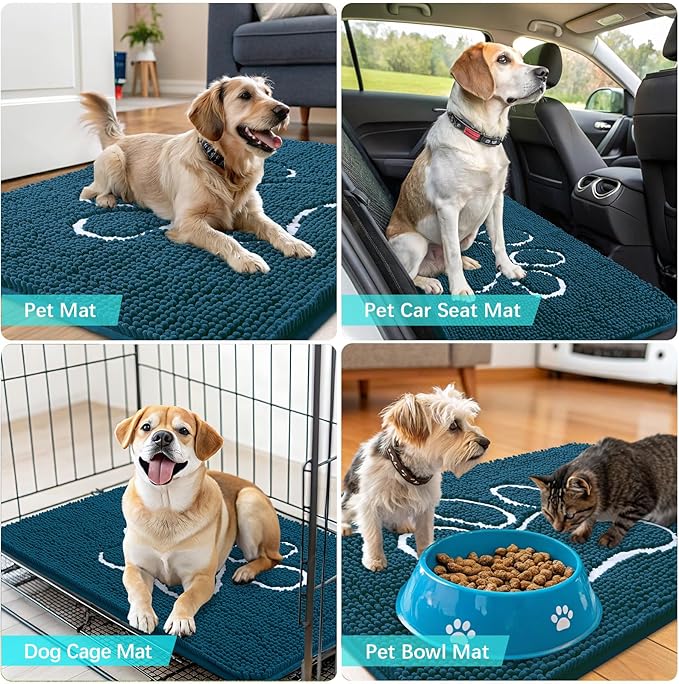 OLANLY Dog Door Mat for Muddy Paws 70x24, Paw Print Design, Absorbs Moisture and Dirt, Absorbent Non-Slip Washable Doormat, Quick Dry Chenille Mud Mat, Entry Indoor Entryway Carpet, Atlantic Blue