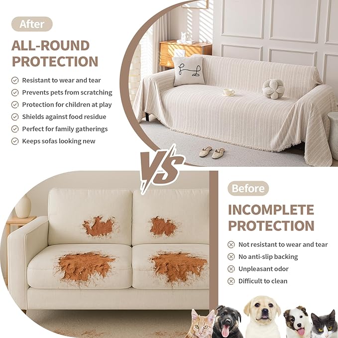 Boho Chenille Couch Cover for Dogs, Non Slip Sofa Cover, Couch Slipcover Covers for 3 Cushion, Furniture Protector with Tassels for Pets Washable, 71"x118", Fishbone Beige