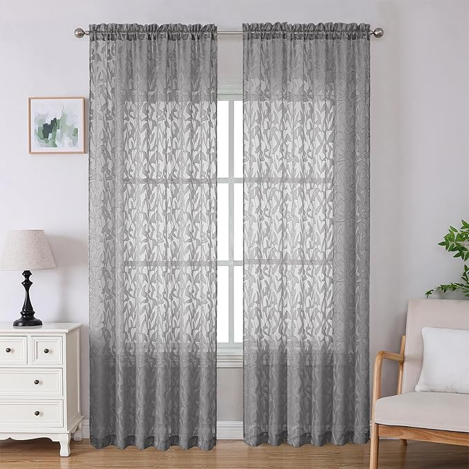 Lecloud Leia Charcoal Grey Sheer Curtains 96 Inches Long 2 Panels, Airy Leaf Jacquard Textured Curtain Panels, Light Filtering & Privacy Curtains for Living Room Bedroom Big Windows, 52" W x 96" L