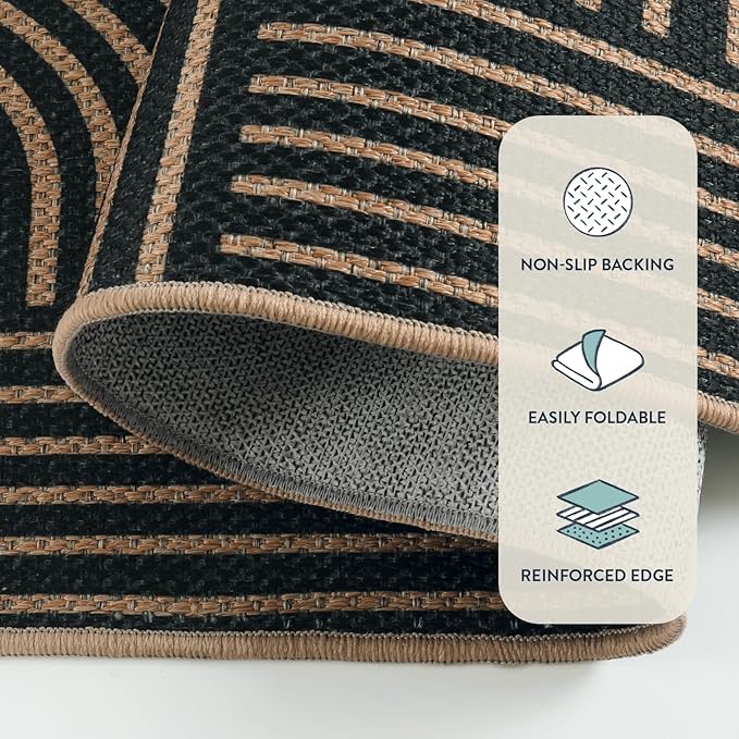 Lahome Enfys Modern Geometric Black Runner Rug, 2x8 Indoor Outdoor Hallway Kitchen Runner Rug with Rubber Backing, Farmhouse Washable Non Slip Non Shedding Floor Carpet for Bedroom Entry Patio