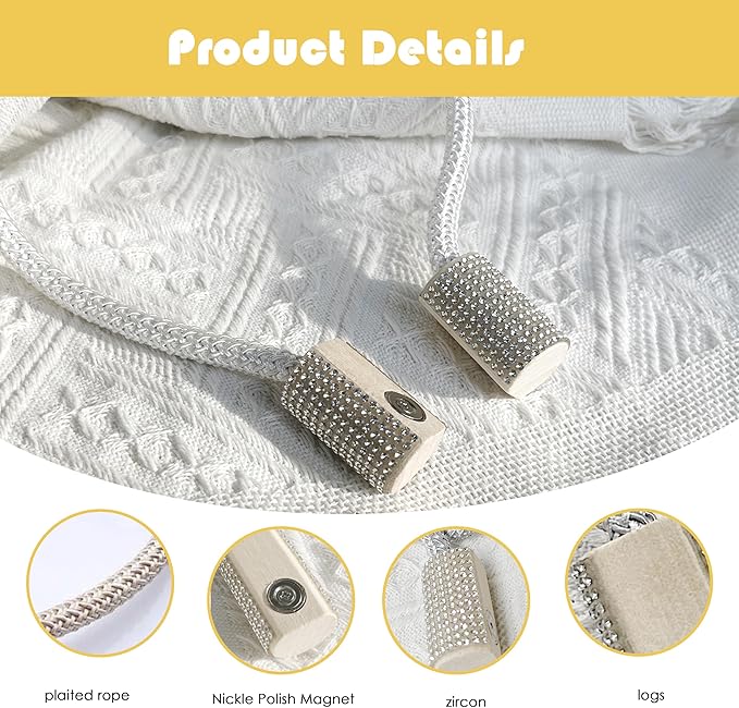 SRG Handmade Magnetic Curtain Tiebacks 4 Pack Sparkling Glass Wrapped Wooden Holdbacks with Strong Magnets, No Drilling Drapery Accessories for Home Decor – White