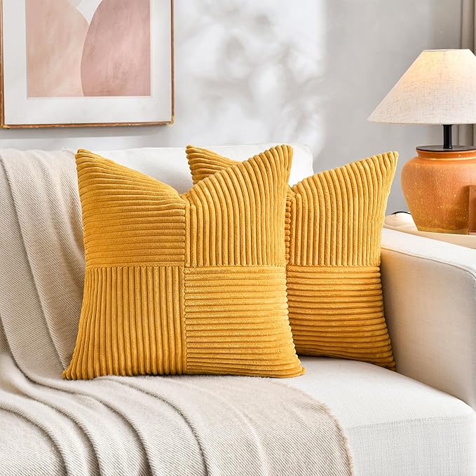 Fancy Homi 2 Packs Gold Yellow Euro Decorative Throw Pillow Covers 28x28 Inch for Bedroom Bed, Farmhouse Boho Home Decor, Soft Corss Corduroy Patchwork Textured Square Cushion Case 71x71 cm