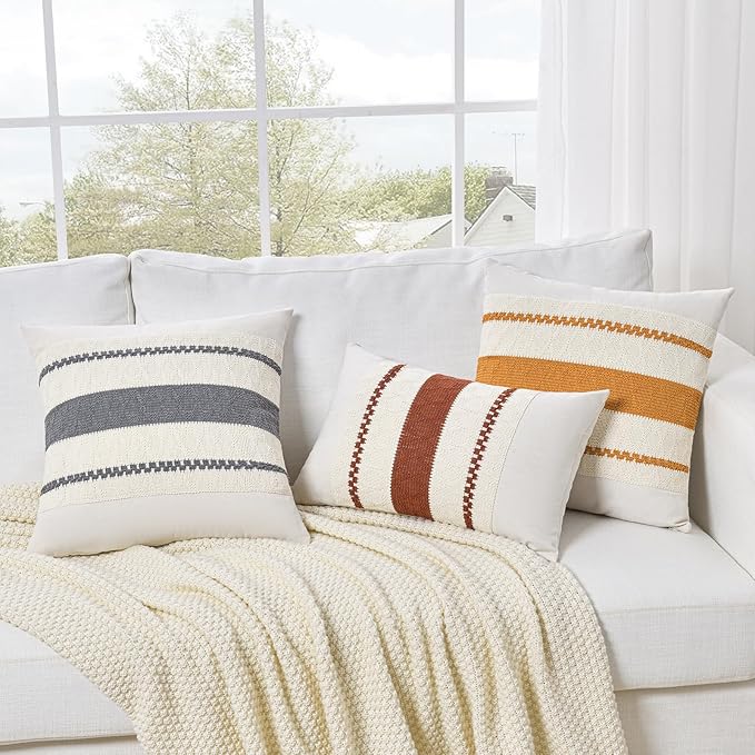 Fancy Homi Set of 1 Neutral Grey Farmhouse Decorative Throw Pillow Covers 20x20 Inch for Couch Bed Chair Indoors, Vintage Country Rustic Retro Room Decor, Soft Thick Cotton Handmade Woven Cushion Case