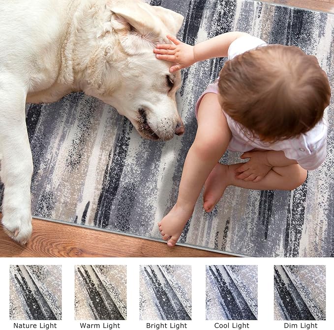 Lansny Modern Abstract Runner Rug 2.6x10, Grey Black Multi Washable Long Kitchen Runner Non-Slip Soft Hallway Rug Runner Thin Print Faux Wool Carpet for Entryway Bedroom Laundry Room Indoor Home Decor