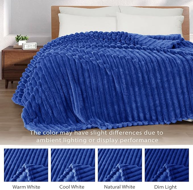 Exclusivo Mezcla Fleece Throw Blanket for Couch, Super Soft Striped Jacquard Bed Blanket, Lightweight Fuzzy Cozy for All Seasons, 50x60 Inches, Cobalt Blue