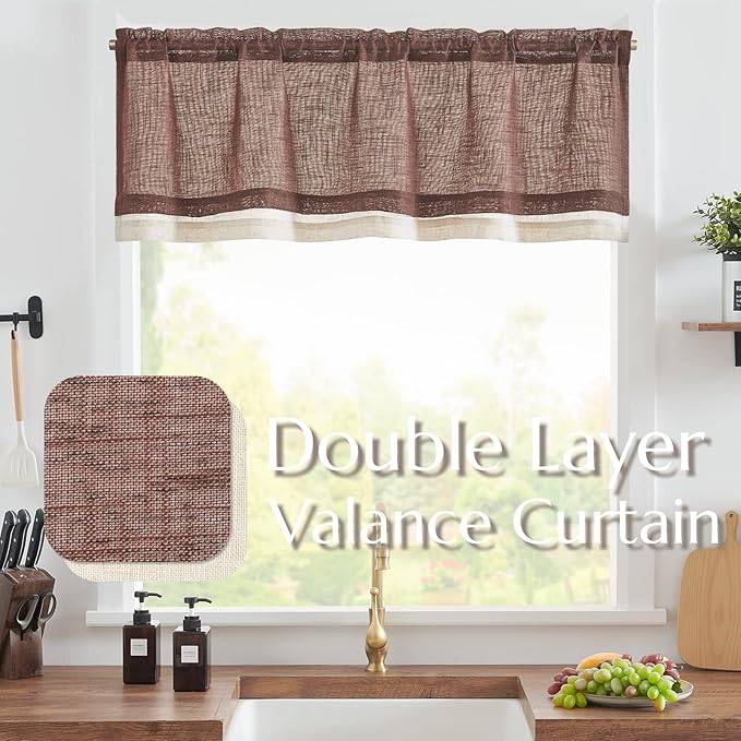 jinchan Linen Valance for Farmhouse Living Room Windows 16 Inch Slubbed Crossed Double Layer Window Valance Light Filtering Rustic Country Overlay Rod Pocket 1 Panel Brown