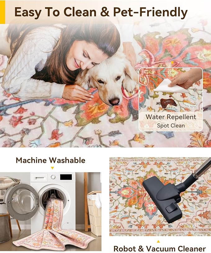 Area Rugs 6ft Washable Non-Slip, Floral Vintage Distress Print Pattern Medallion Carpet for Living Room Bedroom Dining Room, Light Pink Colorful