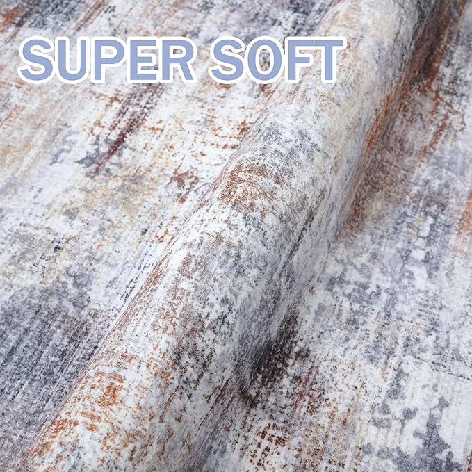 IOHOUZE Abstract Runner Rug 2x8 Ft Washable Runners for Hallways, Non Slip Kitchen Runner Soft Printed Faux Wool Entryway Runner Indoor, Modern Abstract Floor Carpet for Hall Bedroom, Orange Grey