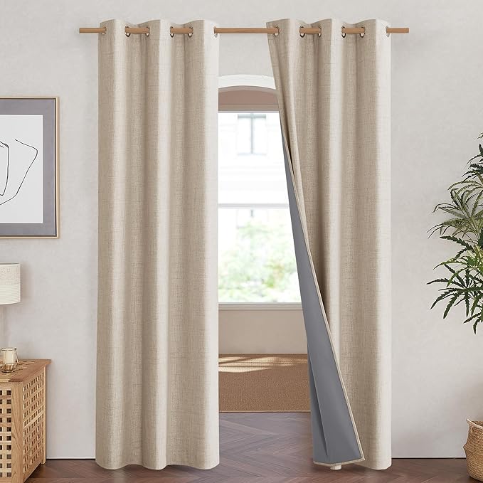 NICETOWN Cream 100% Blackout Linen Curtains 90 inch Long Burg for Living Room, 1 Pair, 42" Width Each Panel, Farmhouse Thick Completely Blackout Window Treatment Thermal Insulated Drapes