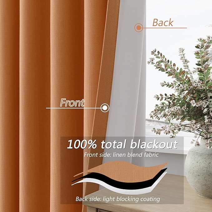 Guken Orange 100% Blackout Linen Curtains 102 Inch Length 2 Panels Set for Living Room Bedroom Back Tab Thermal Insulated 100% Black Out Drapes Room Darkening Farmhouse Window Curtains, 52x102