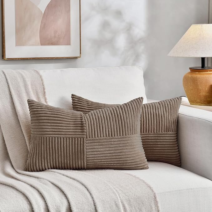 Fancy Homi Set of 2, Light Brown Patchwork Corduroy Decorative Soft Striped Modern Accent Cushion Case Farmhouse Boho Neutral Throw Pillow Covers for Chair Couch Bed Sofa Living Room 28x16 Inch