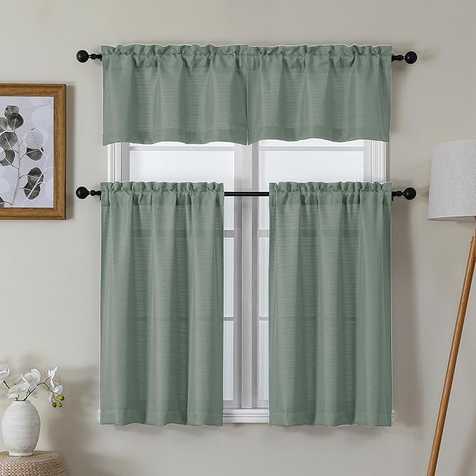 Chyhomenyc Sage Green Valance for Windows, Light Filtering Faux Linen Short Small Window Valance Curtain for Kitchen Bathroom Cafe Laundry Basement, 60Wx14L inch, 1 Piece