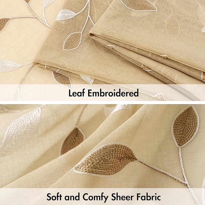 MIULEE Beige Sheer Curtains 2 Panels Embroidered Leaf Patterned Rod Pocket Floral Semi Sheer Faux Linen Short Window Curtains Drapes Set for Kitchen Living Room Bedroom, 52x54 Inches Length