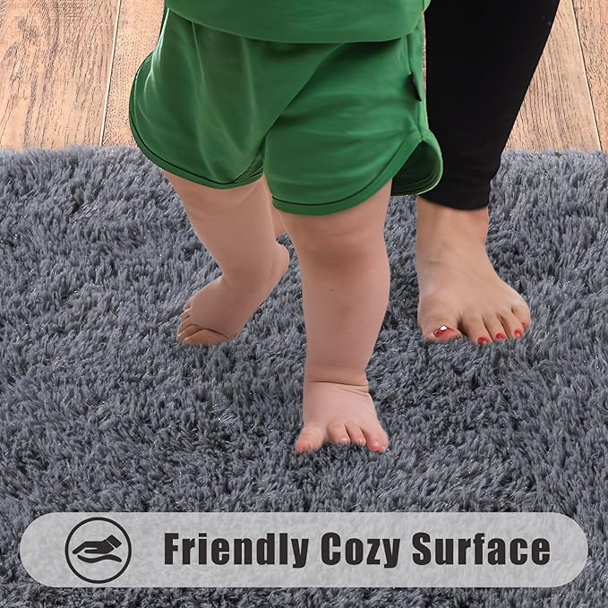 Ultra Soft Runner Rugs for Bedroom Hallways with Upgraded Non-Slip Rubber Backing & Thick Memory Sponge, 2x6 Feet Fluffy Shag Throw Area Rug for Bedside Dorm Dark Grey