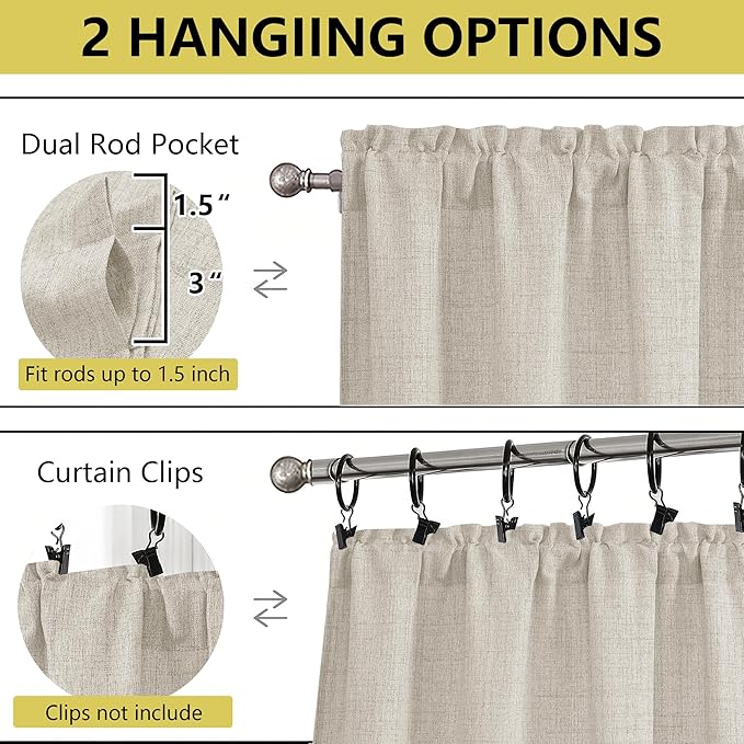 Natural Valances for Windows, Light Filtering Faux Linen Textured Small Short Window Curtain for Bathroom Basement Farmhouse, Rod Pocket Top Half Curtains for Windows, 60Wx22L Inch