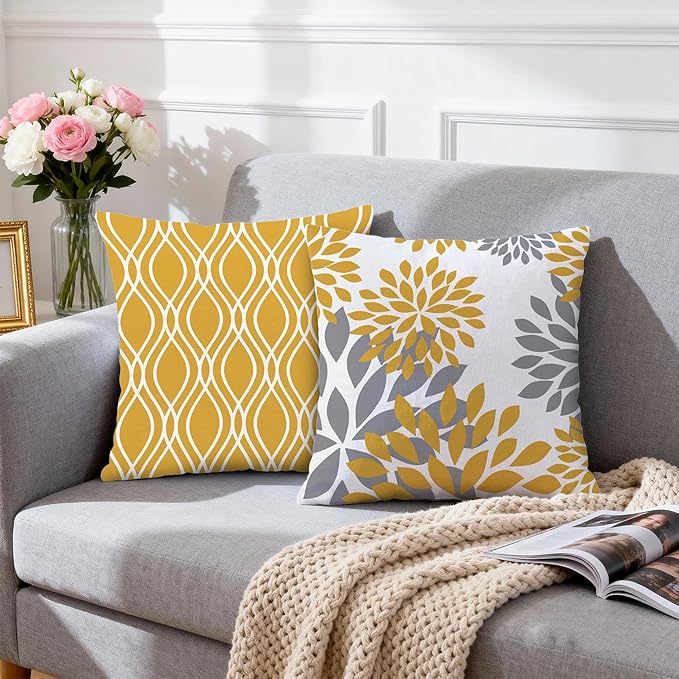 Hexagram Geometric Yellow Pillow Covers 18x18 Set of 4, Decorative Outdoor Boho Modern Throw Pillow Covers, Home Sweet Home Farmhouse Cushion Case for Couch Sofa Bedroom Indoor Decor(No Insert)