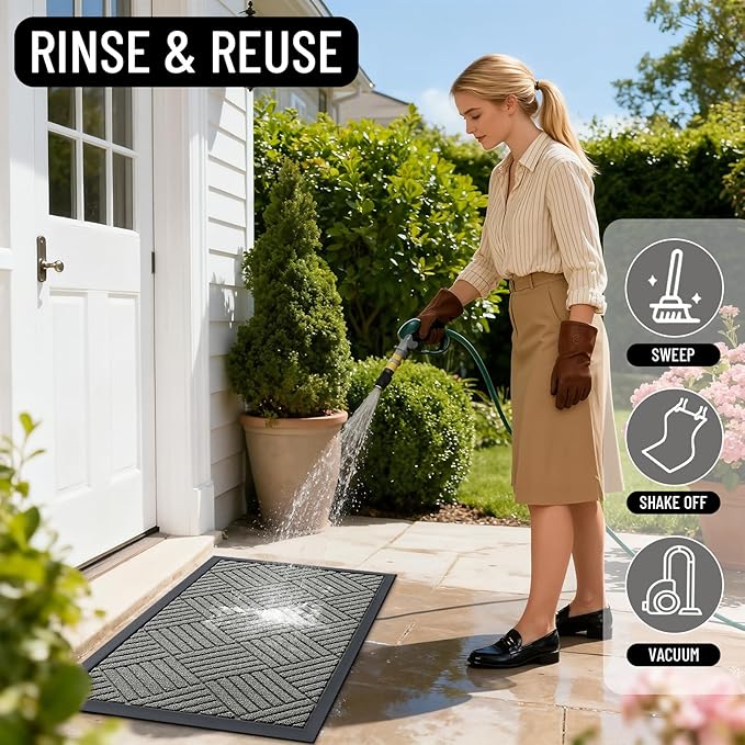 OLANLY Front Door Mat Outside Entrance 29.5x17, Absorbent, Heavy Duty Sturdy Natural Rubber Doormat Indoor Outdoor, Stain Fade Resistant, Non-Slip Low Profile Floor Mat Entryway, Modern Gray Diamond