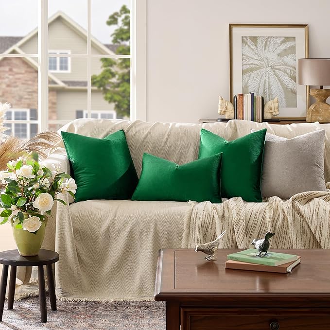 GIGIZAZA Decorative Couch Forest Green Pillow Covers,Set of 2 Throw Pillow Cushion Covers 24x24,Square Sofa Velvet Pillow Cases