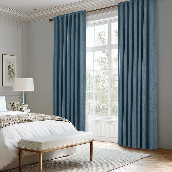 MIULEE 100% Blackout Linen Curtains for Bedroom, Stone Blue Solid Luxury Decor Thermal Insulation Room Darkening Drapes for Living Room Nursery Back Tab Rod Pocket 42 x 90 Inches, 2 Panels