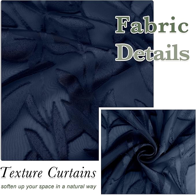 Lecloud Leia Navy Blue Sheer Curtains 2 Pieces, 30 Inch Short Curtains, Breathable Jacquard Texture Kitchen Windows Curtains, Small Farmhouse Leaves Voile Drapes Dual Rod Pocket, 38 W x 30 L