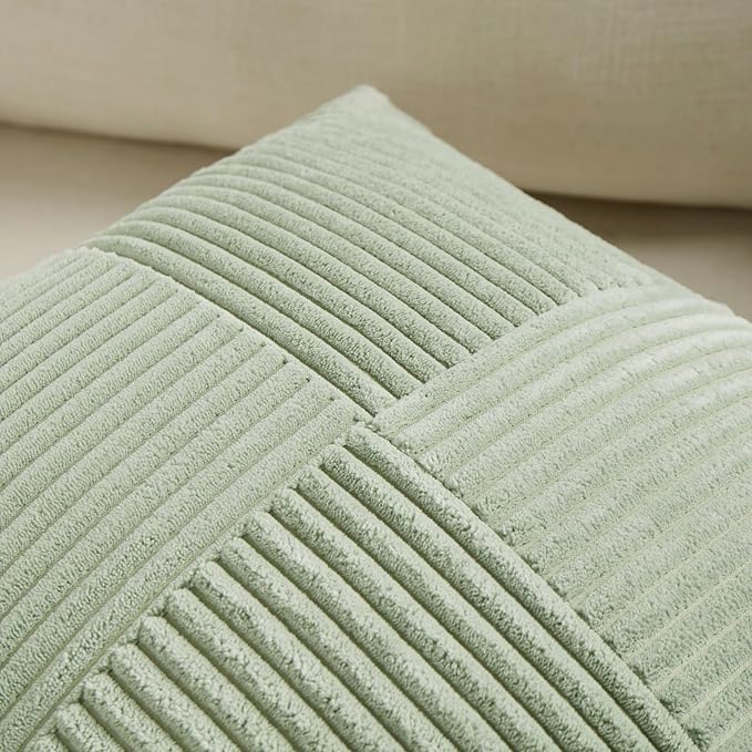 Fancy Homi 2 Packs Sage Green Lumbar Decorative Throw Pillow Covers 14x22 Inch for Living Room Couch Bed, Rustic Farmhouse Boho Home Decor, Soft Striped Corduroy Rectangle Accent Cushion Case 35x55 cm