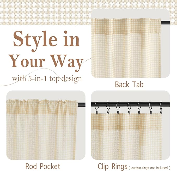 RYB HOME Checkered Kitchen Cafe Curtains 24 inch Length, Vintage Farmhouse Linen Plaid Curtains Gingham Small Window Treatment Valance for Living Room Bathroom, Yellow, W26 x L24, 2 Panels