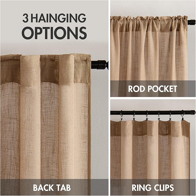 MIULEE Brown Linen Curtains 84 Inch Length for Bedroom Living Room, Soft Thick Linen Textured Window Drapes Semi Sheer Light Filtering Back Tab Rod Pocket Burlap Look Farmhouse Decor, 2 Panels