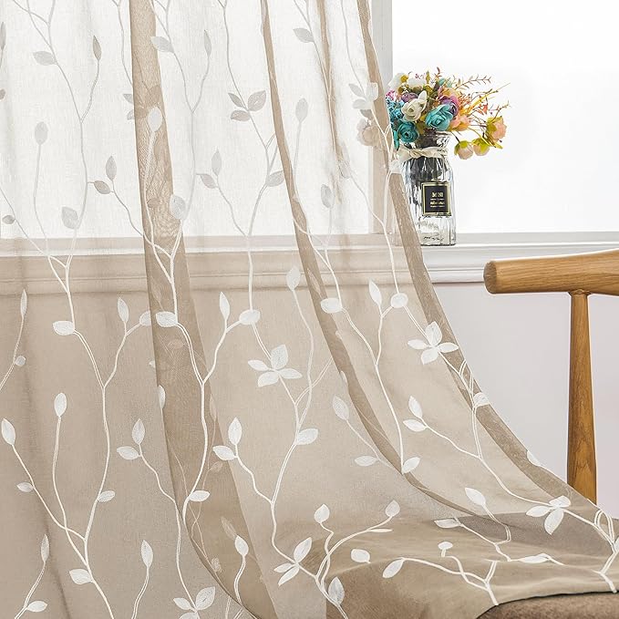 AmHoo 2 Panels Embroidered Leaf Pattern Semi Sheer Curtains Foliage Floral Voile Window Draperies Treatment for Bedroom Living Room Rod Pocket Taupe 53 x 63 Inch