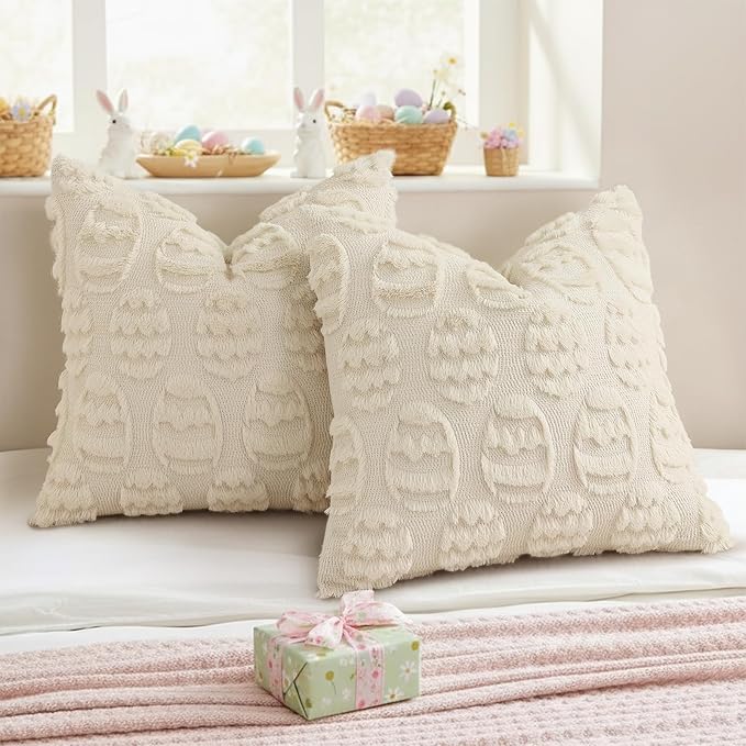 decorUhome Easter Beige Egg Pillow Covers 20x20 Inch Set of 2, Soft Plush Faux Wool Jacquard Cushion Covers, Farmhouse Neutral Fuzzy Spring Easter Holiday Decor for Couch Sofa Bed