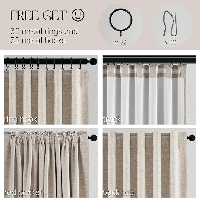 Topfinel 100 Inch Long Black Out Burlap Custom Curtains, Natural Linen Tweed Pleated Window Coverings, Nursery Winter Boho Farmhouse Heat Sound Block Back Tab Curtains for Sliding Door Bay Window