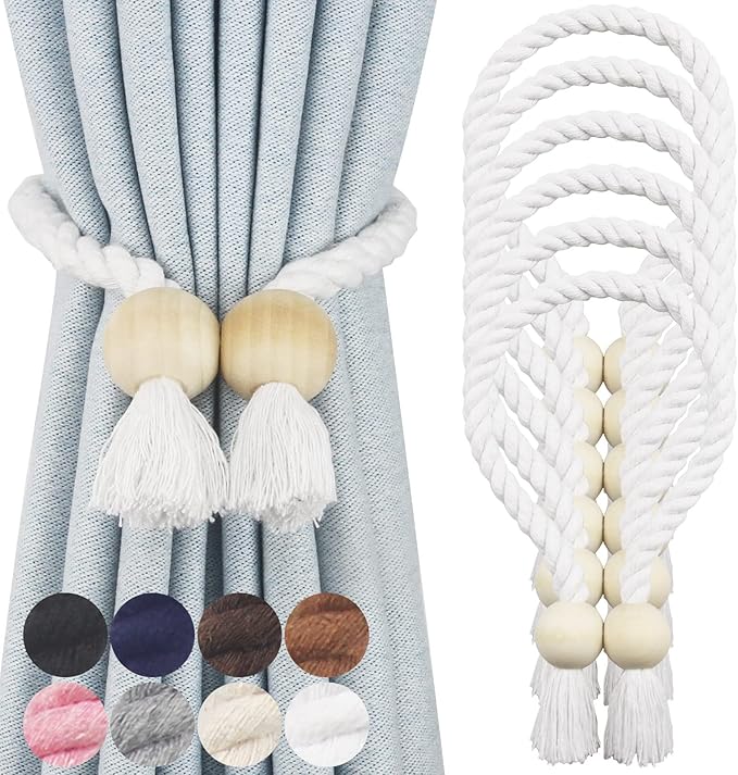 6 Pack Magnetic Curtain Tiebacks Cotton Hand Woven Tie Back Decorative Rope Holdbacks for Curtains Draperies No Tools Required, White