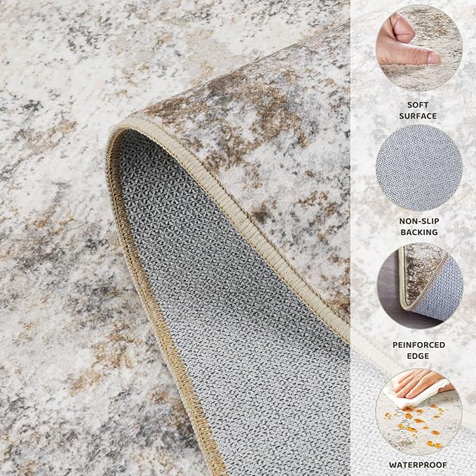 UERMEI 4x6 Area Rug Living Room Rugs - Washable Neutral Modern Abstract Soft Thin Rug Indoor Floor No Slip Rug Carpet for Bedroom Under Dining Table Home Office Decor - Brown Grey