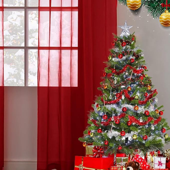 SpaceDresser Sheer Voile Window Treatment Rod Pocket Curtain Panels for Kitchen Bedroom Living Room Drapes Sunlight Filtering Privacy Semi Home Decor Assorted Colors Sizes (Christmas Red, 52 W x 63 L)