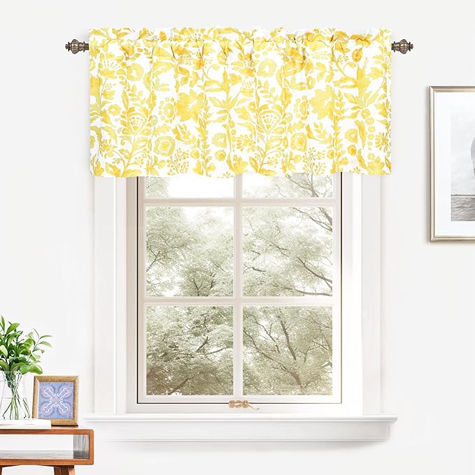 DriftAway Julia Watercolor Blooming Flower Floral Lined Thermal Insulated Window Curtain Valance Rod Pocket 52 Inch by 18 Inch Plus 2 Inch Header Yellow 1 Pack
