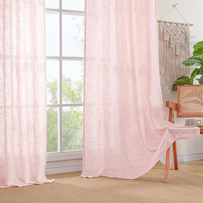 LAMIT Linen Curtains for Living Room 84 inch Length 2 Panels, Light Filtering Semi Sheer Drapes Back Tab and Rod Pocket Farmhouse Panels for Kids Bedroom/Girls Room, Pink, 52 x 84 Inch