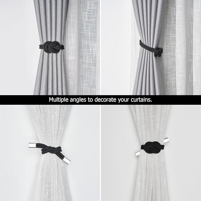 NICEEC 2 Pack Mini Magnetic Curtain Tiebacks Nordic Simple Style Drape Tie Backs Elegant Hand Weave Rope Knot Decorative Curtain Holdbacks for Home & Office Thin Window Drapery (Black)