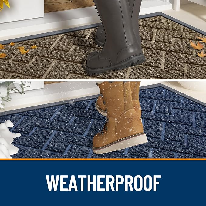 OLANLY Front Door Mat Indoor Outdoor Entrance, Waterproof All-Season, All-Weather Doormat, Sturdy Natural Rubber, Low Profile, Easy Clean Patio Porch Entryway Mat, Herringbone Brick (Beige, 47x17)