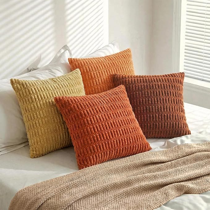 Fancy Homi Set of 4 Burnt Orange Fall Boho Decorative Throw Pillow Covers 26x26 Inch for Couch Bed Sofa, Aesthetic Modern Bohemian Room Decor, Fuzzy Fluffy Cozy Corduroy Textured Cushion Case 66x66cm