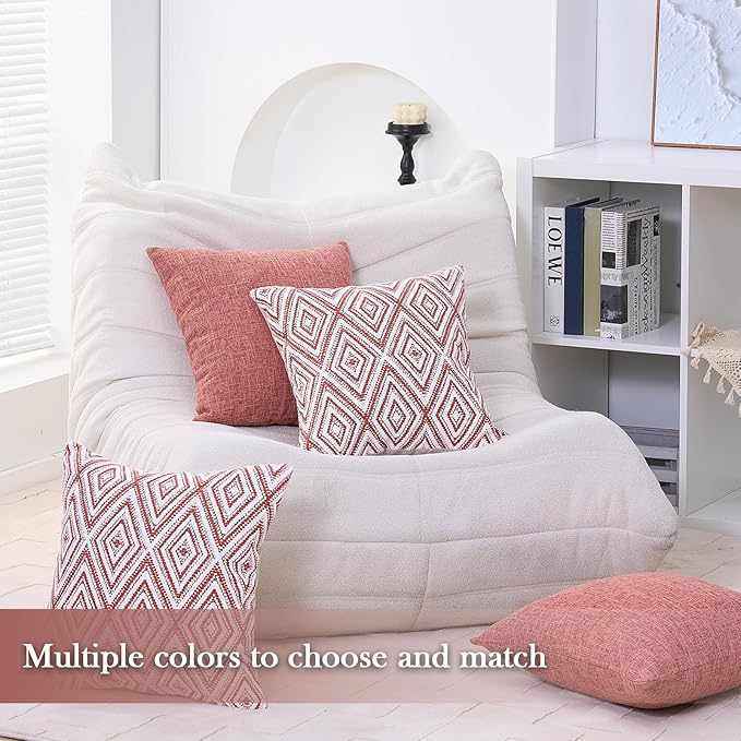 HPUK Decorative Throw Pillow Covers Set of 4 Geometric Design Linen Cushion Cover for Couch Sofa Living Room, 18"x18" inches, Coral